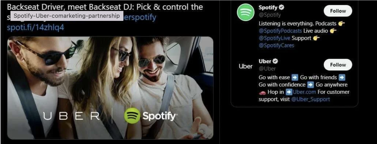 Spotify and Uber co-marketing partnership campaign showing riders controlling music during Uber rides, branded with Uber and Spotify logos