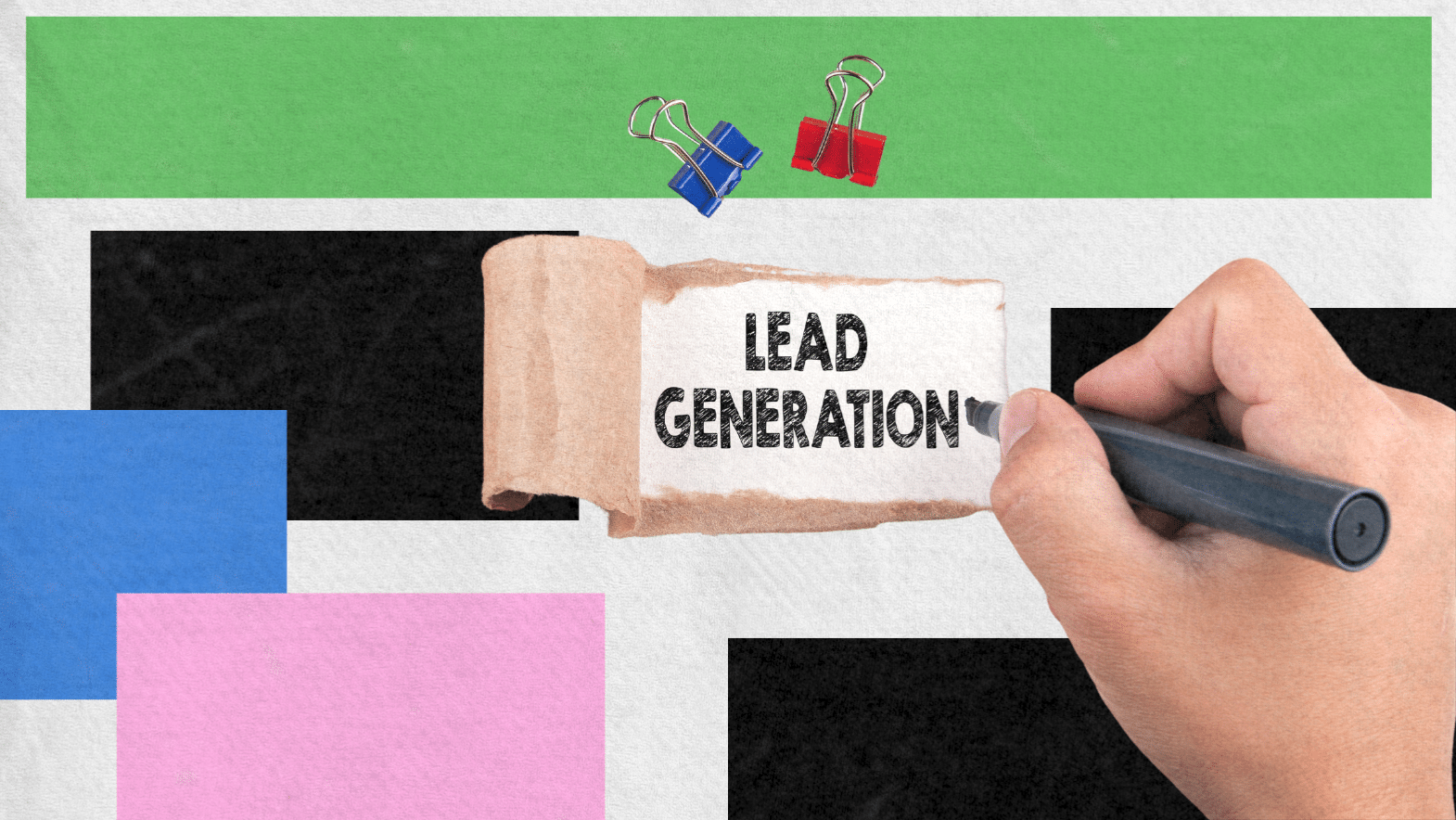 A hand writes LEAD GENERATION on a torn paper, highlighting the importance of lead generation, against a backdrop of colorful rectangles with blue and red binder clips at the top.