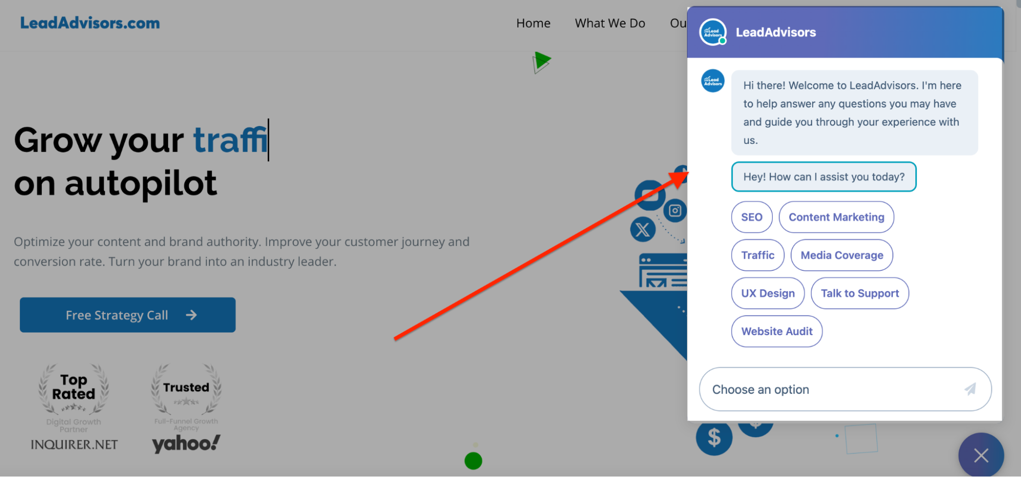 LeadAdvisors landing page with chatbot offering options for SEO, content marketing, traffic, media coverage, UX design, support, and website audit.