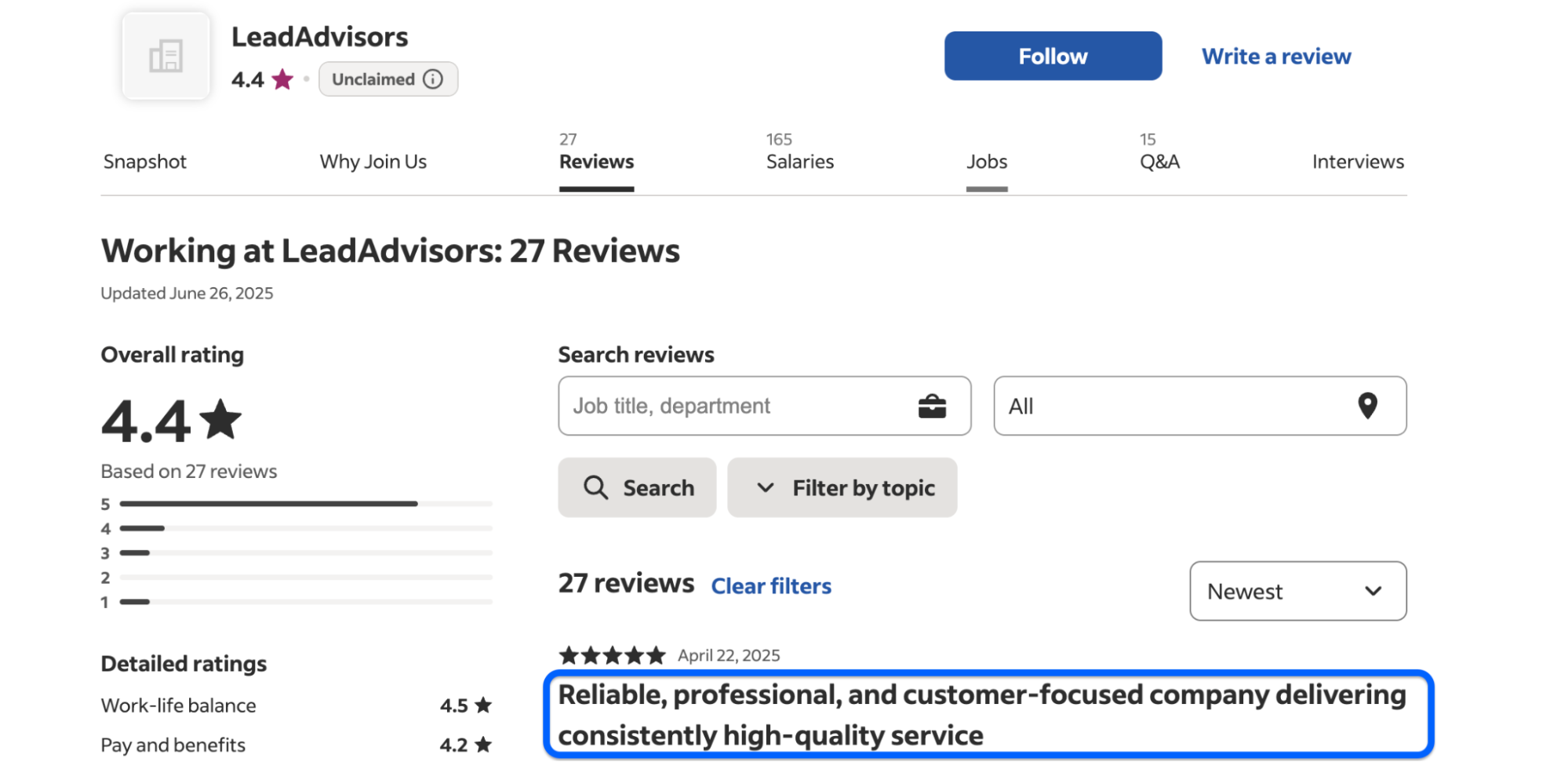 LeadAdvisors company review page showing 4.4-star overall rating from 27 reviews with highlighted feedback praising reliability, professionalism, and quality service.