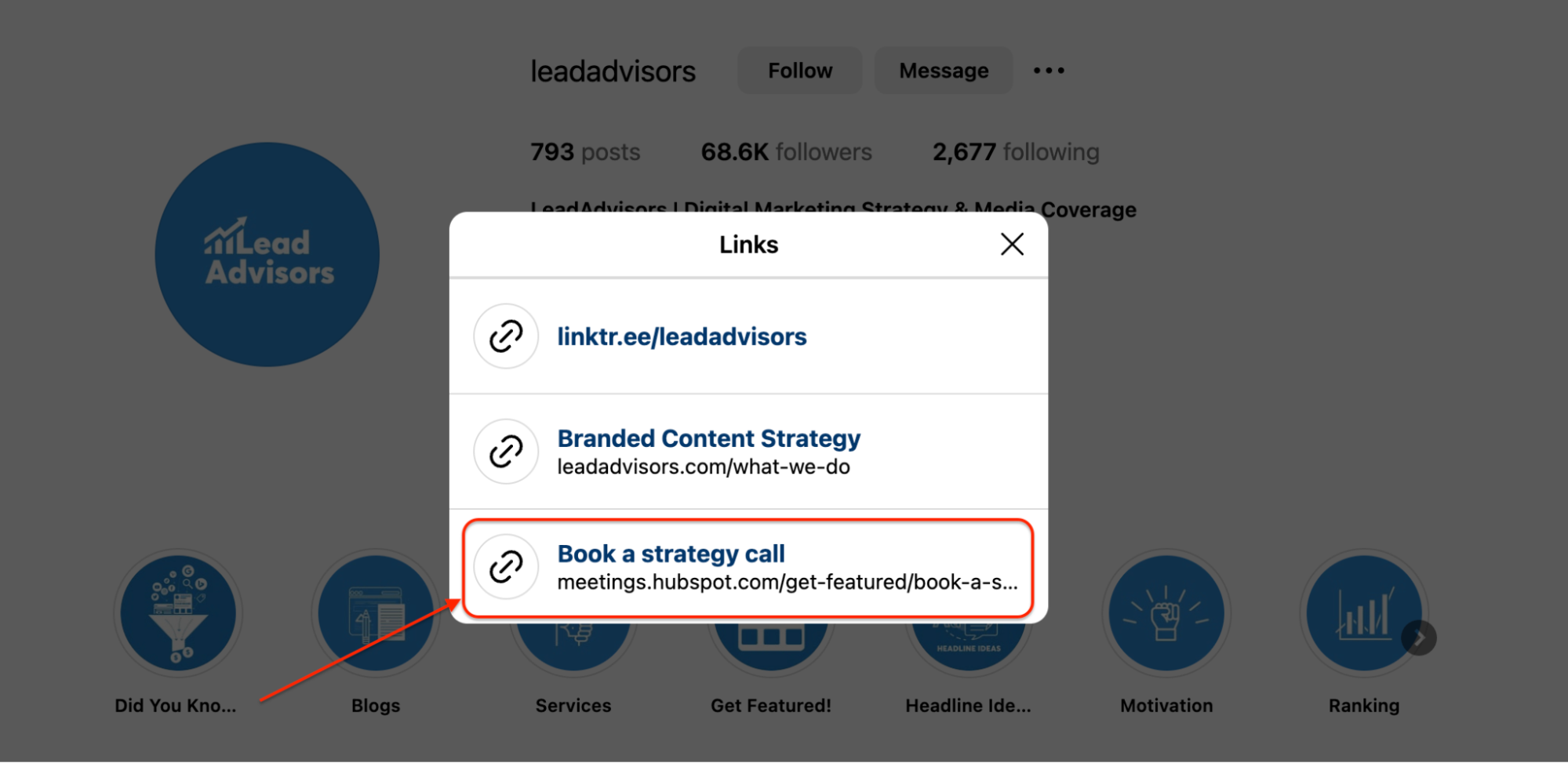 Instagram bio links popup for LeadAdvisors showing options for Linktree, branded content strategy, and booking a strategy call via HubSpot