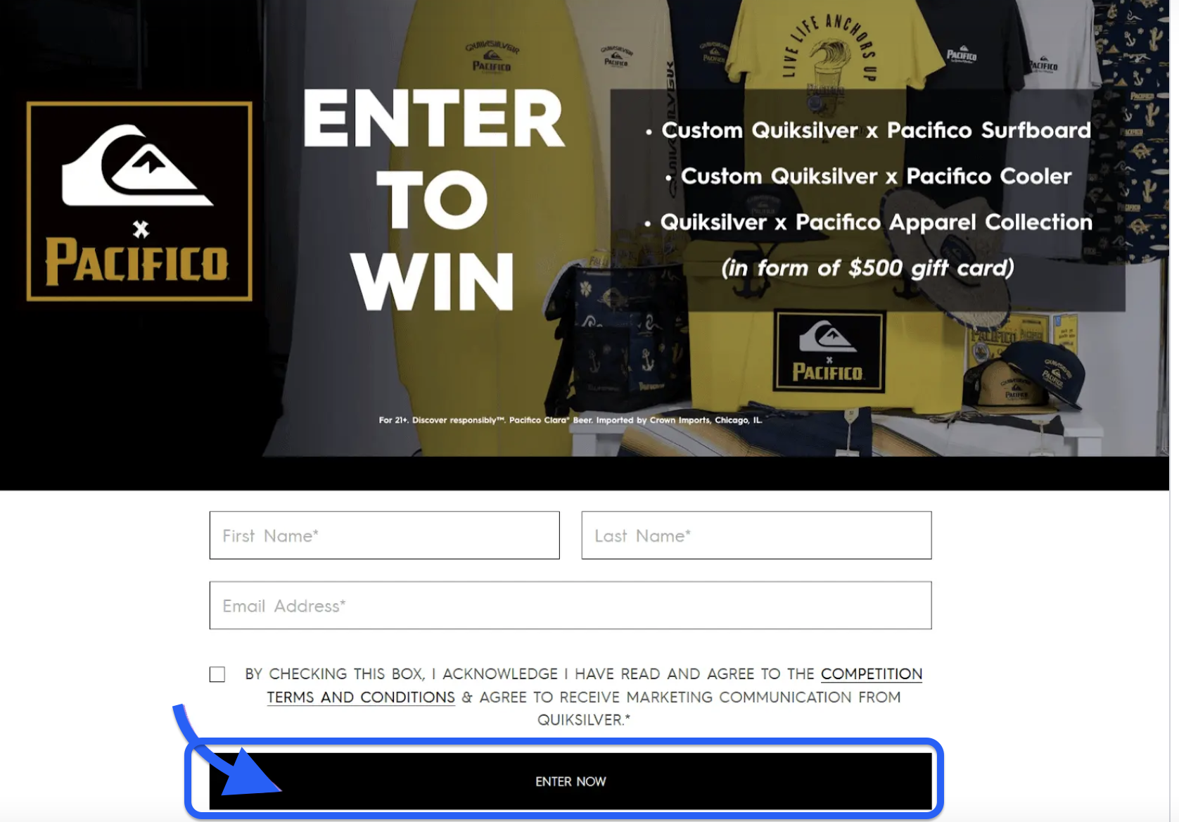 Giveaway entry page for Quiksilver x Pacifico with prizes including a custom surfboard, cooler, and $500 apparel gift card. Entry form with name and email fields