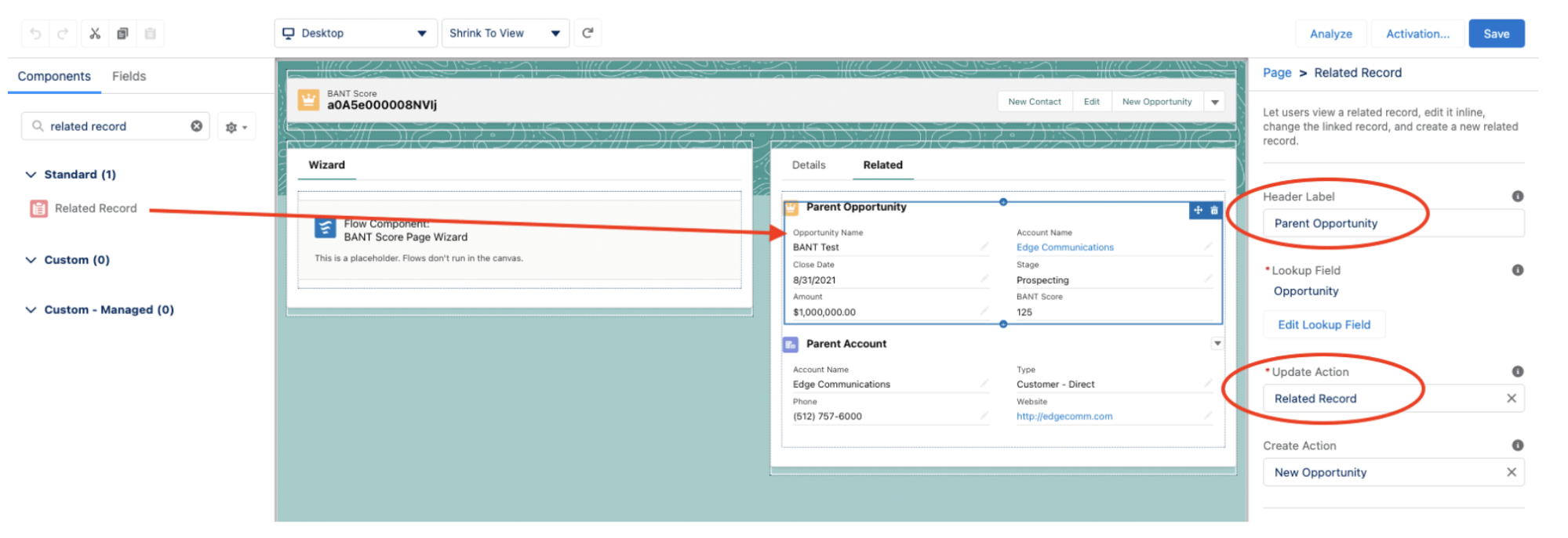 Salesforce setup screen showing how to configure a Related Record component with Parent Opportunity details, lookup field, and update action.