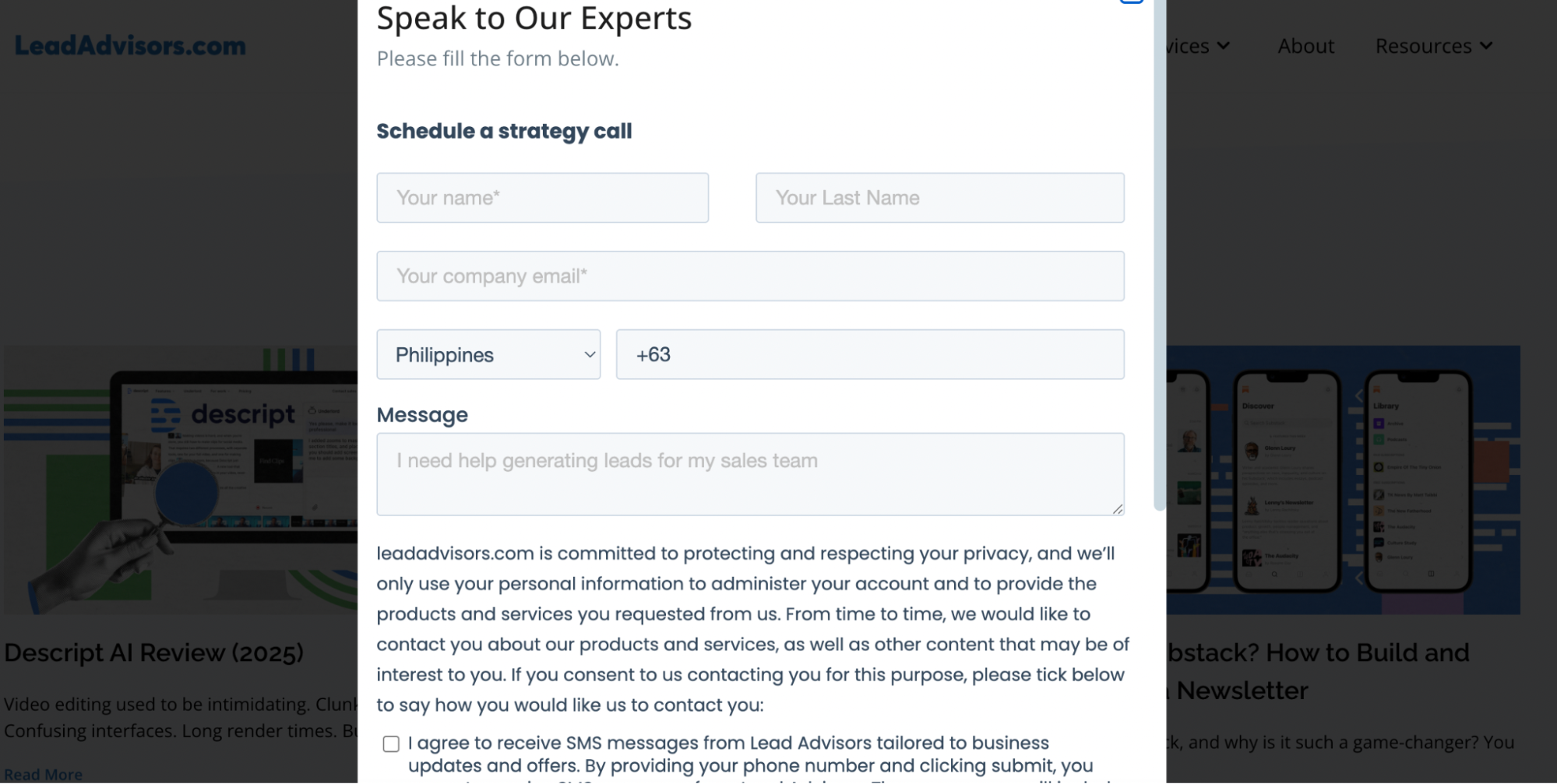 LeadAdvisors schedule a strategy call form with fields for name, email, phone, message, and consent to receive updates.