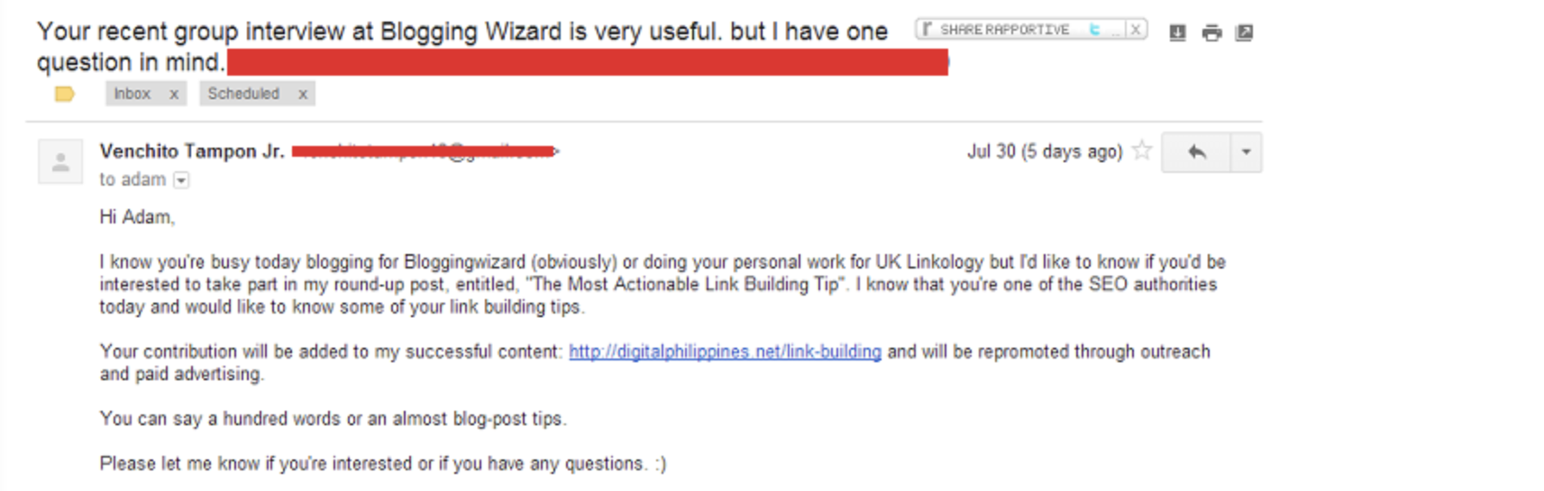 Email from Venchito Tampon Jr. asking Adam to contribute to a roundup post on actionable link building tips, following up on a Blogging Wizard group interview.
