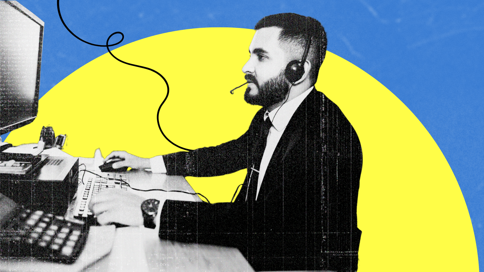 Stylized image of a male call center agent wearing a headset, working at a desktop computer with a yellow and blue graphic background.