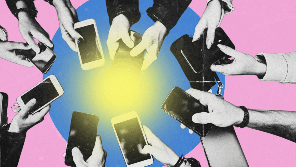 A stylized collage of multiple hands holding smartphones in a circle around a glowing yellow center, set against a pink and blue background.