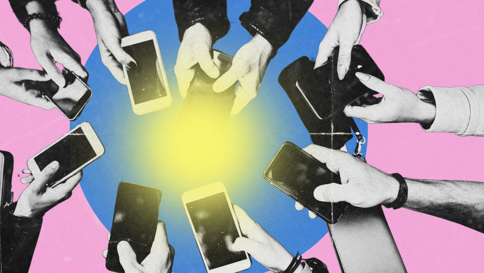 A stylized collage of multiple hands holding smartphones in a circle around a glowing yellow center, set against a pink and blue background.