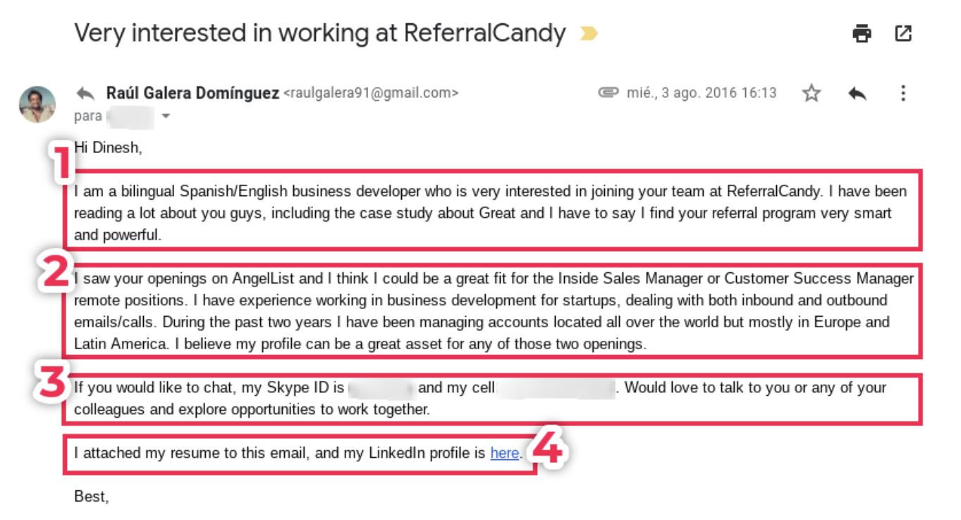 Job application email to ReferralCandy with highlighted sections detailing the applicant's interest, relevant experience, contact information, and attached resume with LinkedIn profile link.