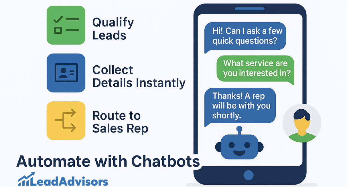 A LeadAdvisors graphic illustrating how chatbots automate lead qualification by asking questions, collecting details, and routing users to sales reps via a mobile interface.