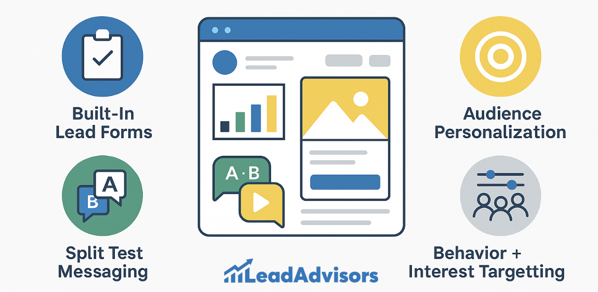 An infographic from LeadAdvisors showcasing key digital marketing tools—built-in lead forms, split test messaging, audience personalization, and behavior plus interest targeting—centered around a webpage illustration.