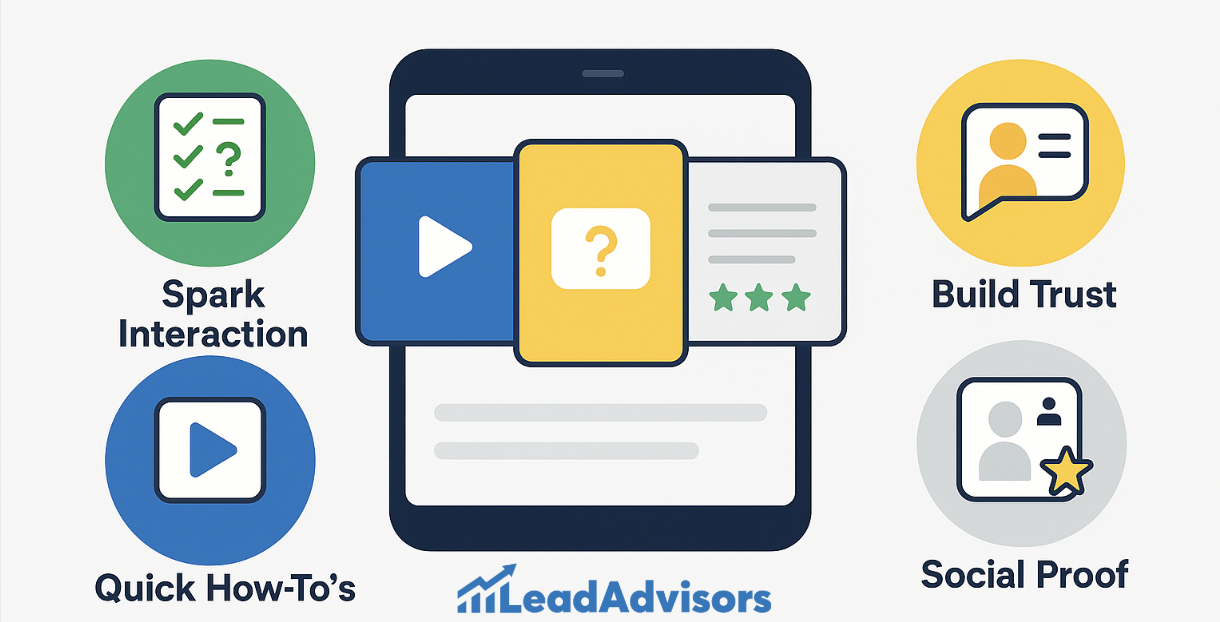 A LeadAdvisors graphic highlighting strategies to boost engagement using mobile content, featuring elements like spark interaction, quick how-to's, building trust, and social proof.