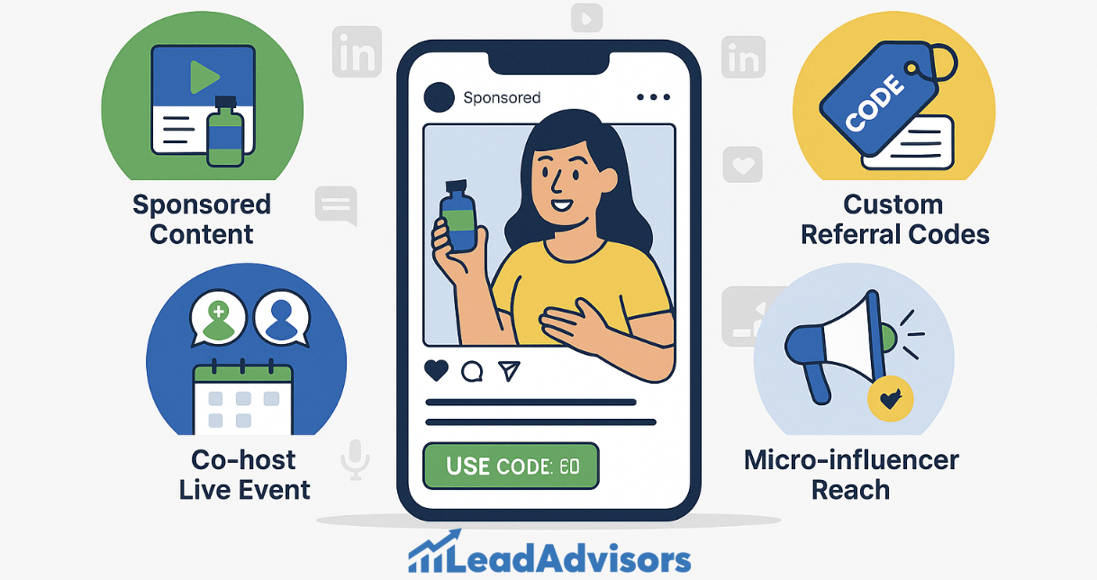 A LeadAdvisors infographic demonstrating live webinar tactics such as showcasing leadership, building trust through Q&A, promoting gated offers, and scheduling promotions ahead of time.