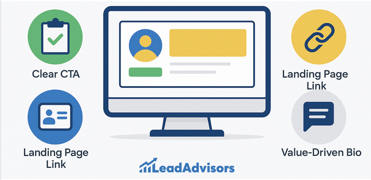 A LeadAdvisors graphic showing landing page optimization tips, including a clear call-to-action (CTA), value-driven bio, and landing page links for effective user engagement.