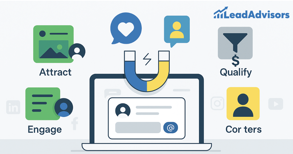 A LeadAdvisors graphic illustrating the lead generation process—Attract, Engage, Qualify, and Convert—featuring a magnet over a laptop and icons representing each step.
