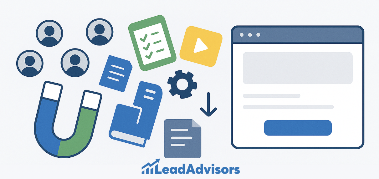 An illustration from LeadAdvisors showing lead generation concepts including a magnet attracting users, content assets like checklists, ebooks, and videos, and a web form for conversions.
