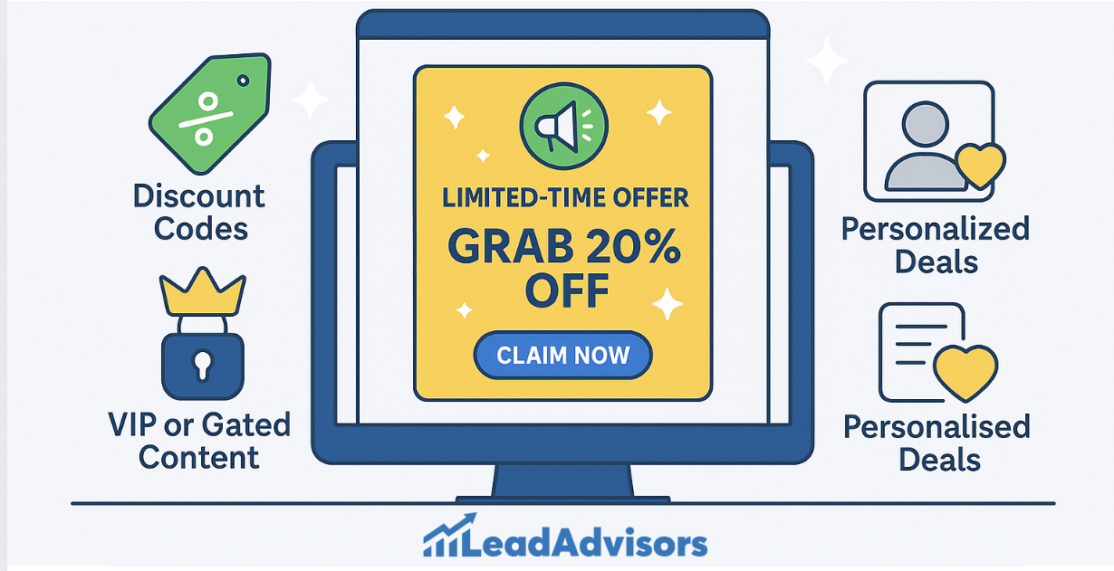 A promotional graphic by LeadAdvisors featuring a 20% off limited-time offer on a computer screen, surrounded by icons representing discount codes, VIP content, and personalized deals.