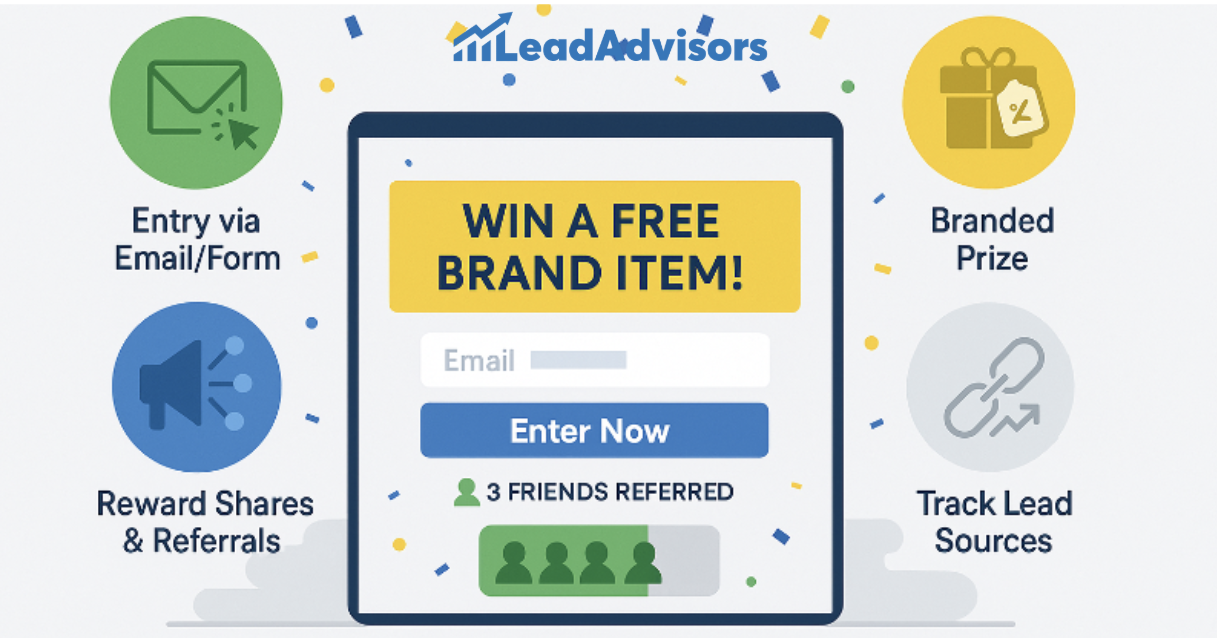 A LeadAdvisors promotional graphic showing a giveaway for a free brand item, featuring email entry, referral rewards, branded prizes, and lead tracking options.