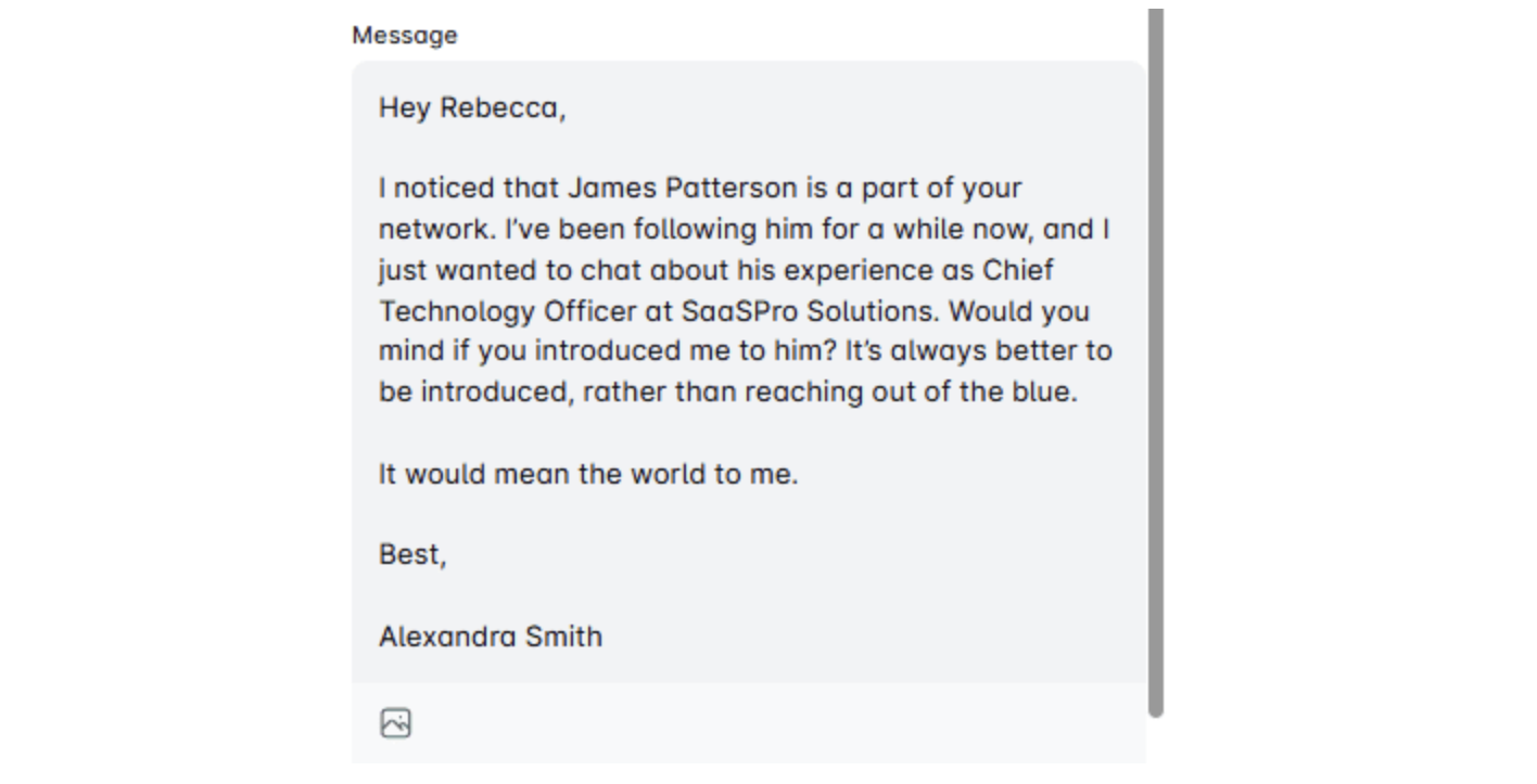 LinkedIn message asking a contact for an introduction to James Patterson, CTO at SaaSPro Solutions, highlighting the value of a warm intro over cold outreach.