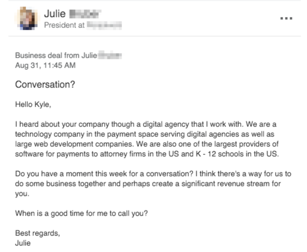Email from a technology company president requesting a conversation about a business opportunity in the payment space, highlighting services for attorney firms and K-12 schools in the US.
