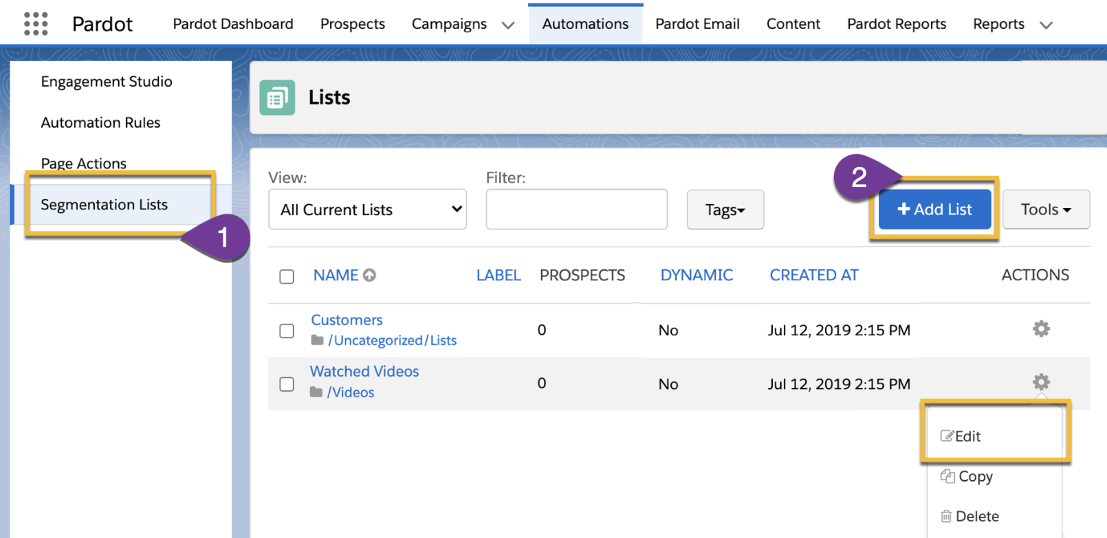 Pardot dashboard view showing how to navigate to Segmentation Lists, add a new list, and edit existing ones within the Automations tab.