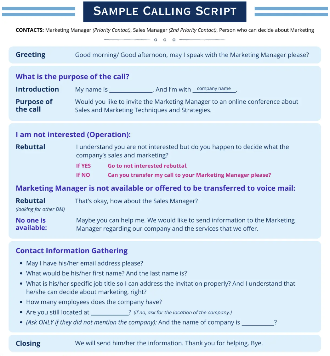 Sample calling script for contacting a Marketing Manager, with prompts for introduction, handling objections, gathering contact info, and offering an online conference invite.