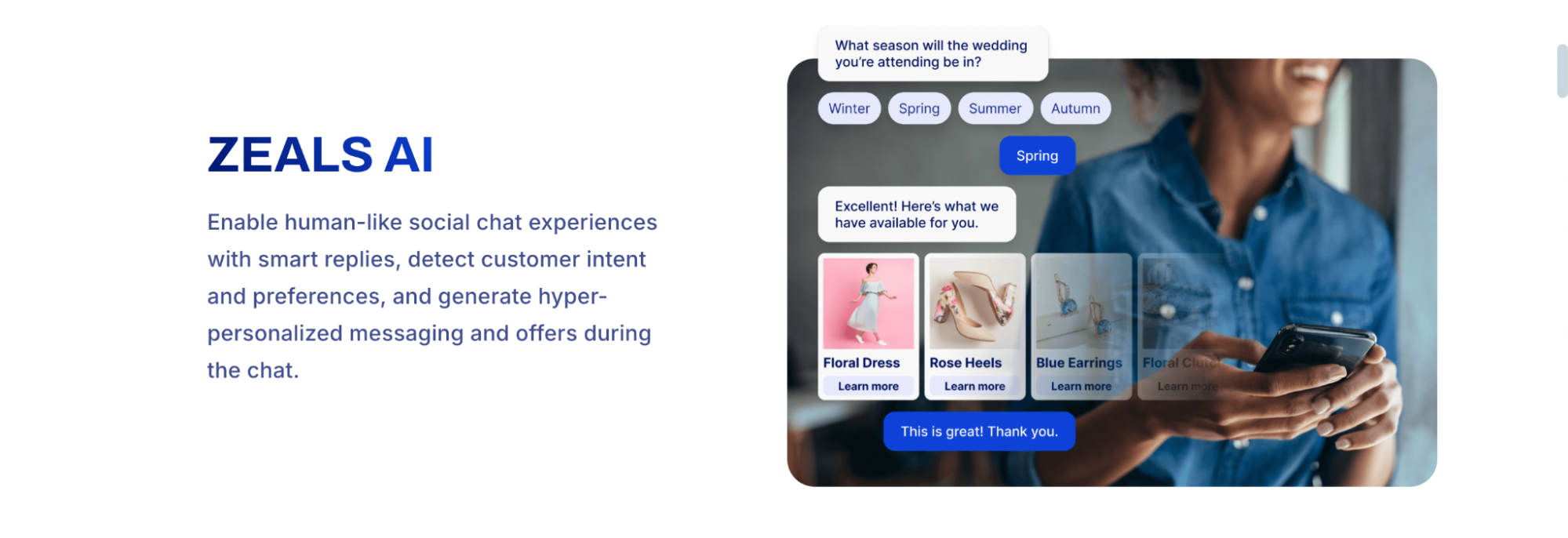 A promotional image for Zeals AI showcasing a mobile social chat interface that uses smart replies to suggest personalized shopping options based on the user's seasonal preferences.
