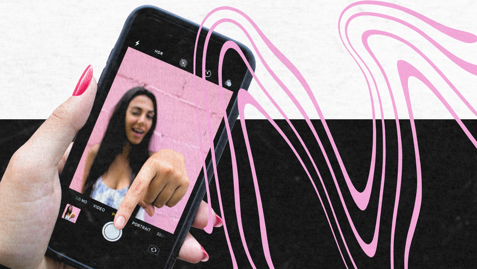 A close-up of a hand with pink nails holding a smartphone recording a woman in front of a pink wall, overlaid with abstract pink wavy lines on a black-and-white background.