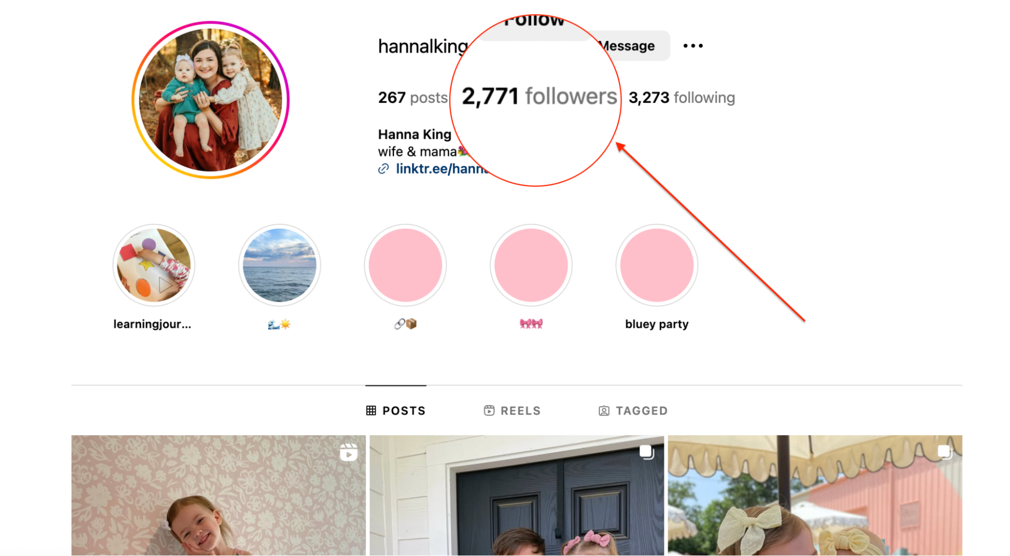Instagram profile of Hanna King, featuring a circular profile photo of a woman with two children. The profile shows 267 posts, 2,771 followers, and 3,273 following. A red arrow and magnified circle emphasize the follower count. Below the profile are pink-highlighted Instagram Story categories and a grid of recent photo posts.