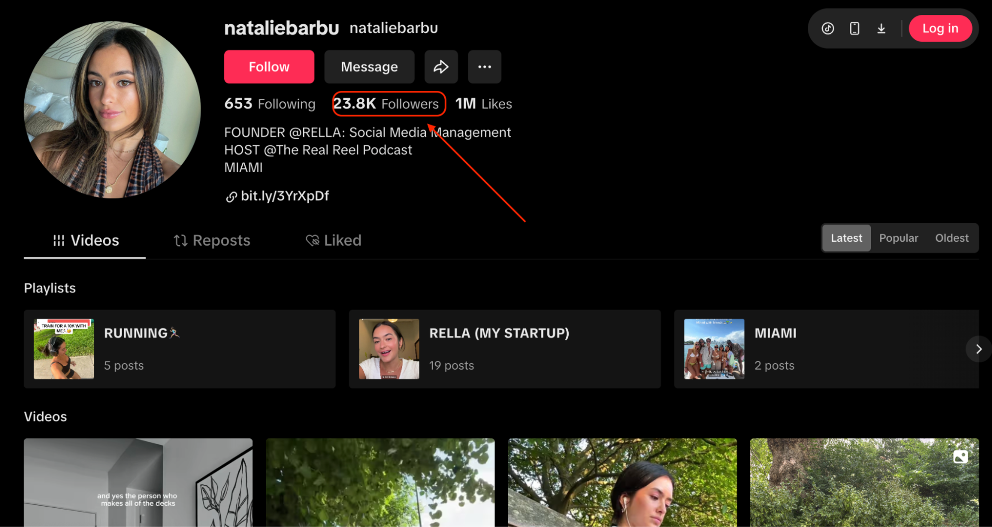 Natalie Barbu’s TikTok profile shows 23.8K followers and 1M likes, with the follower count highlighted by a red box and arrow.