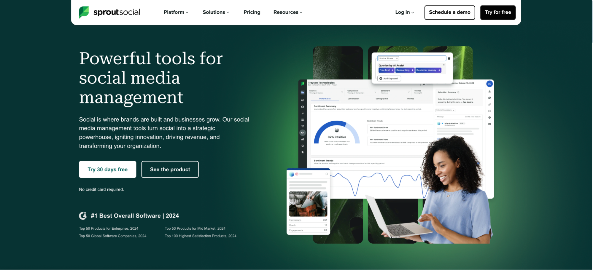 Sprout Social homepage promoting its social media management tools with a headline, feature summary, product interface screenshots, and a smiling woman using a laptop.