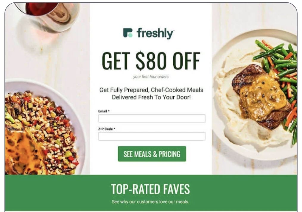 Promo image for Freshly offering $80 off first four meal orders with visuals of plated meals and email sign-up form.