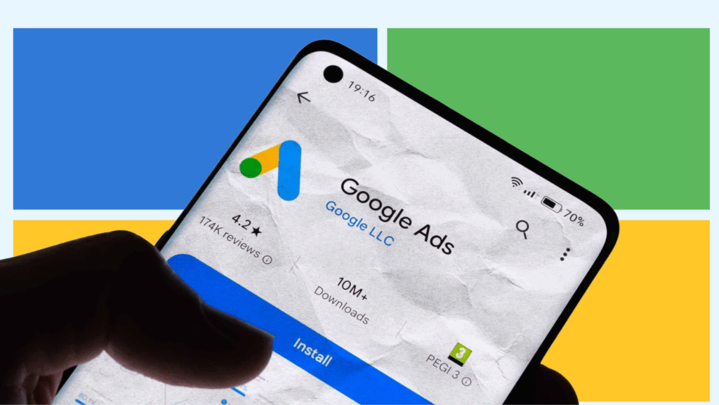 A smartphone screen displaying the Google Ads app install page with 4.2-star rating and over 10 million downloads.
