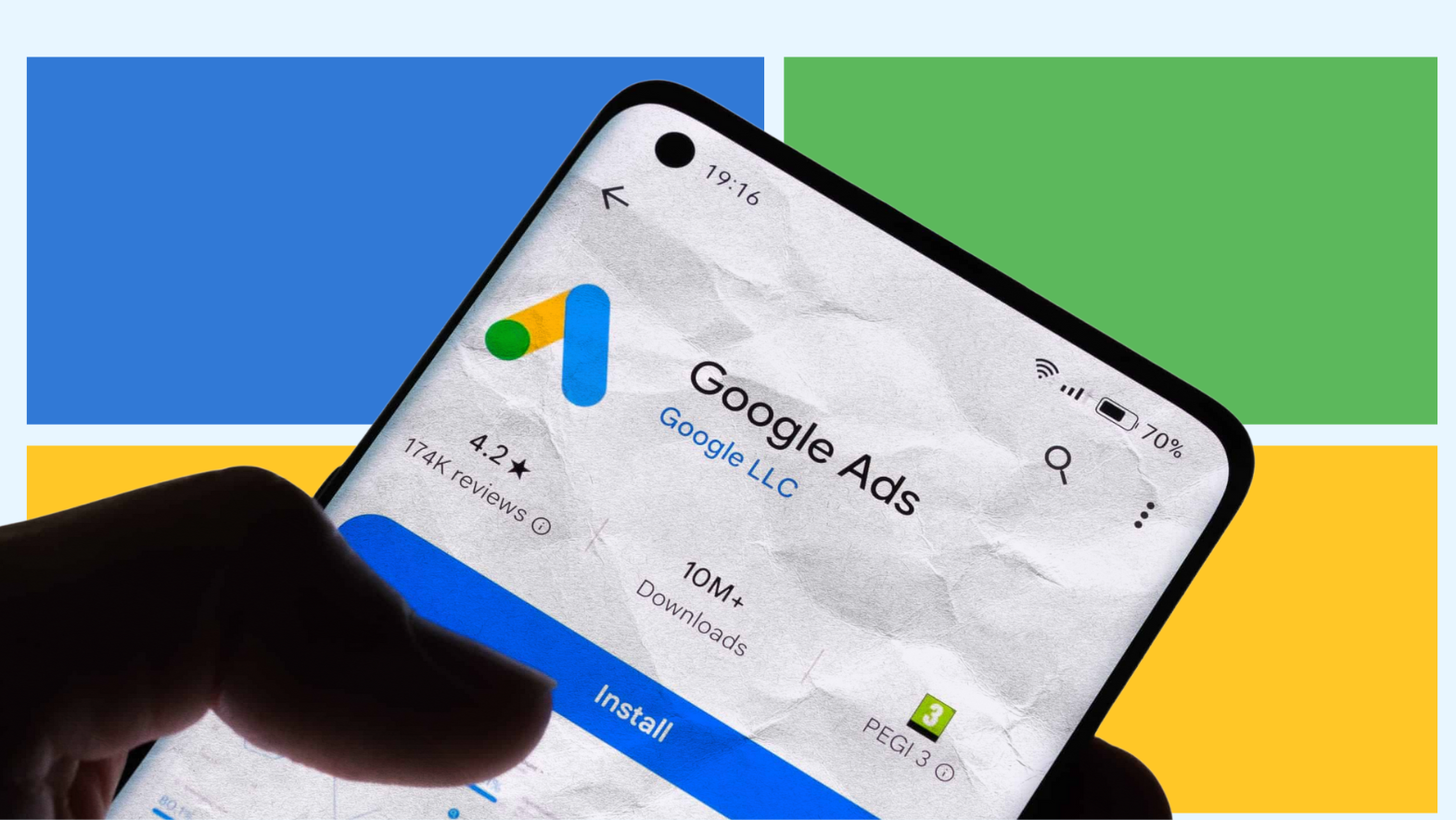 A smartphone screen displaying the Google Ads app install page with 4.2-star rating and over 10 million downloads.