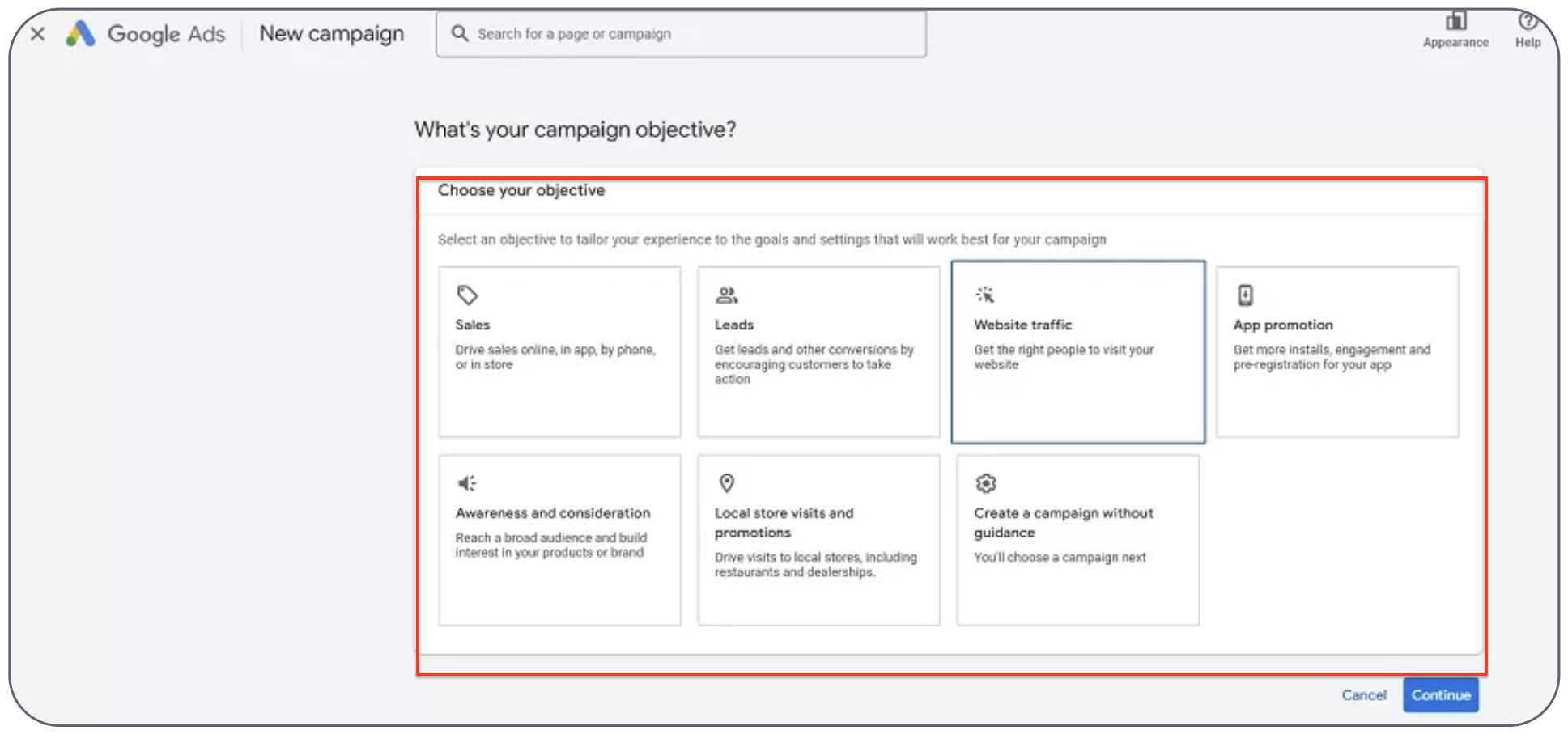 Google Ads campaign setup screen showing objective options including Sales, Leads, Website Traffic, App Promotion, Awareness, Local Store Visits, and Manual Campaign setup.