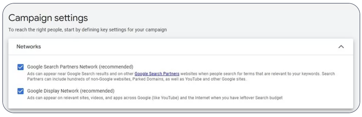 Google Ads campaign settings screen showing enabled options for Google Search Partners Network and Google Display Network.
