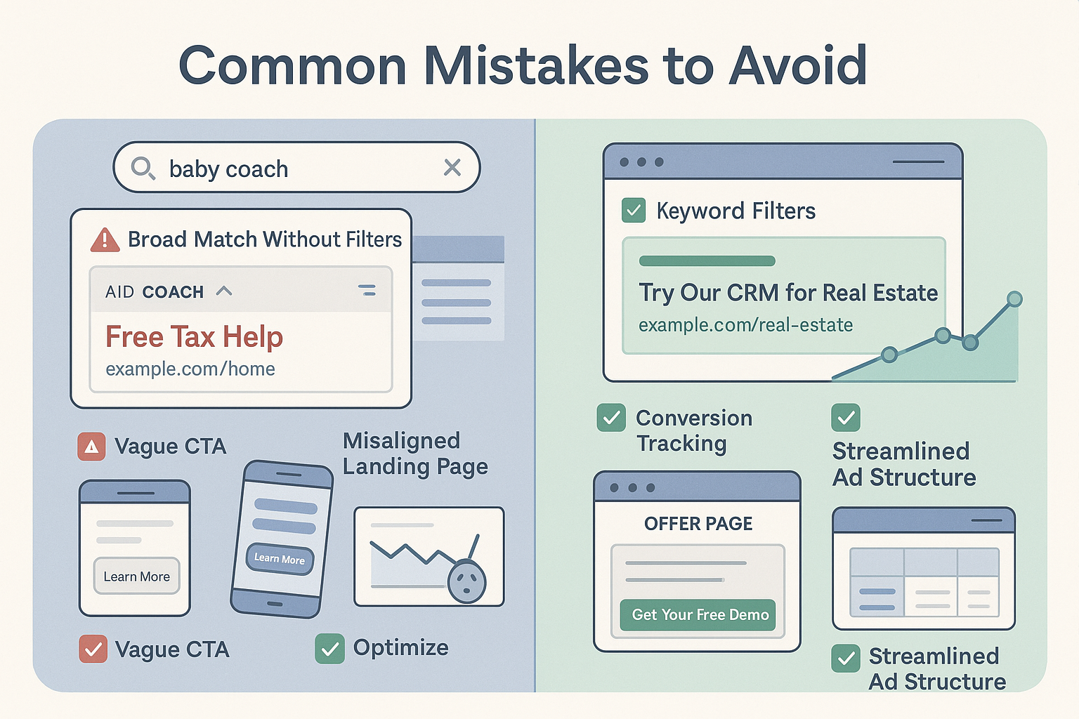 Illustration showing common Google Ads mistakes like vague CTAs, broad match without filters, and misaligned landing pages, contrasted with best practices such as keyword filters, conversion tracking, and streamlined ad structure.