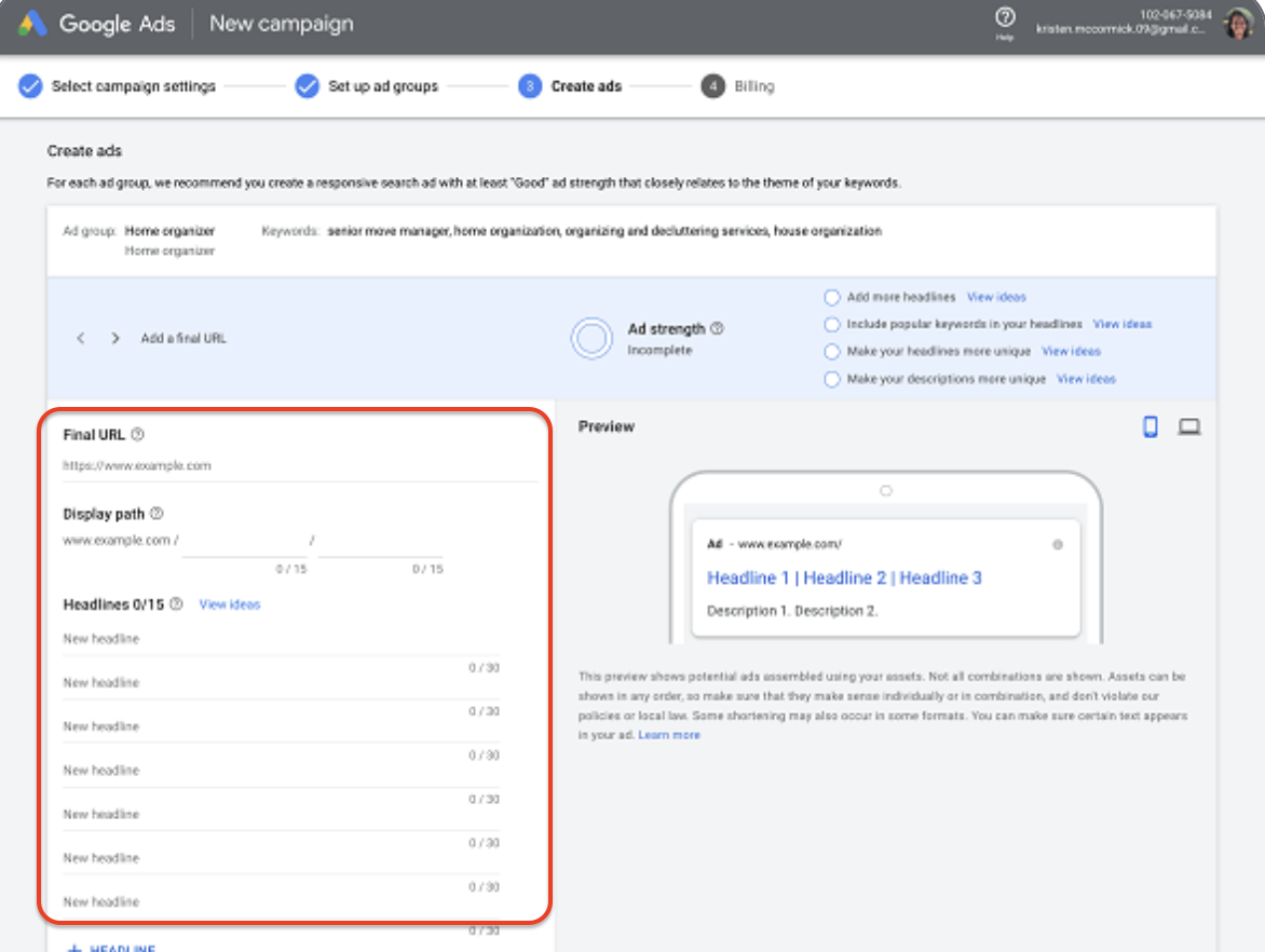 Google Ads interface for creating a new responsive search ad, highlighting fields for Final URL, display path, and up to 15 headlines.