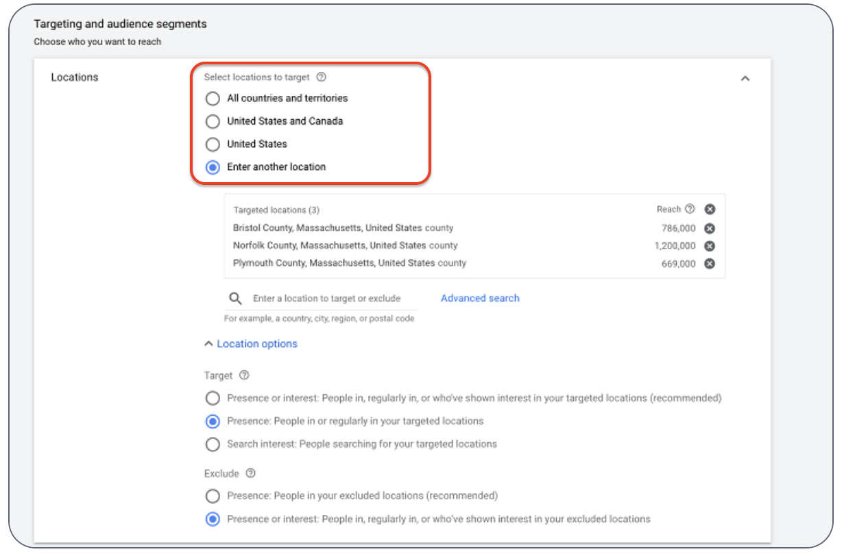 Google Ads location targeting settings with custom selection of counties in Massachusetts and options for audience presence and interest.