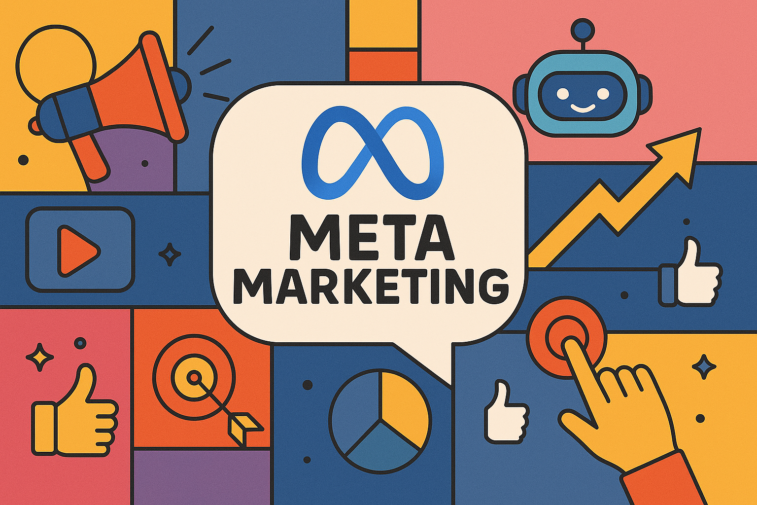 Colorful illustration of Meta Marketing featuring the Meta logo, chatbot, thumbs up, megaphone, target, play button, and growth arrow representing digital marketing tools and engagement.