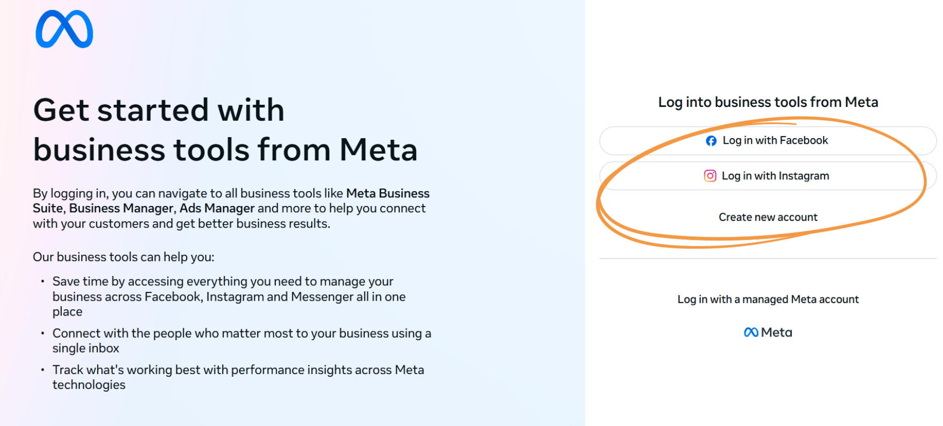 Screenshot of Meta’s business tools login page, showing options to log in with Facebook, Instagram, or create a new account, highlighted with an orange oval.