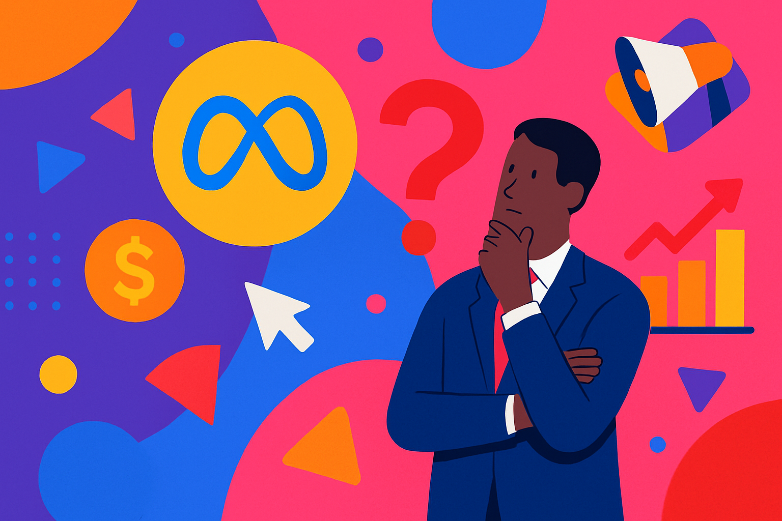 Illustration of a businessman in a suit pondering Meta marketing strategy, surrounded by colorful icons including the Meta logo, dollar sign, growth chart, question mark, and megaphone.