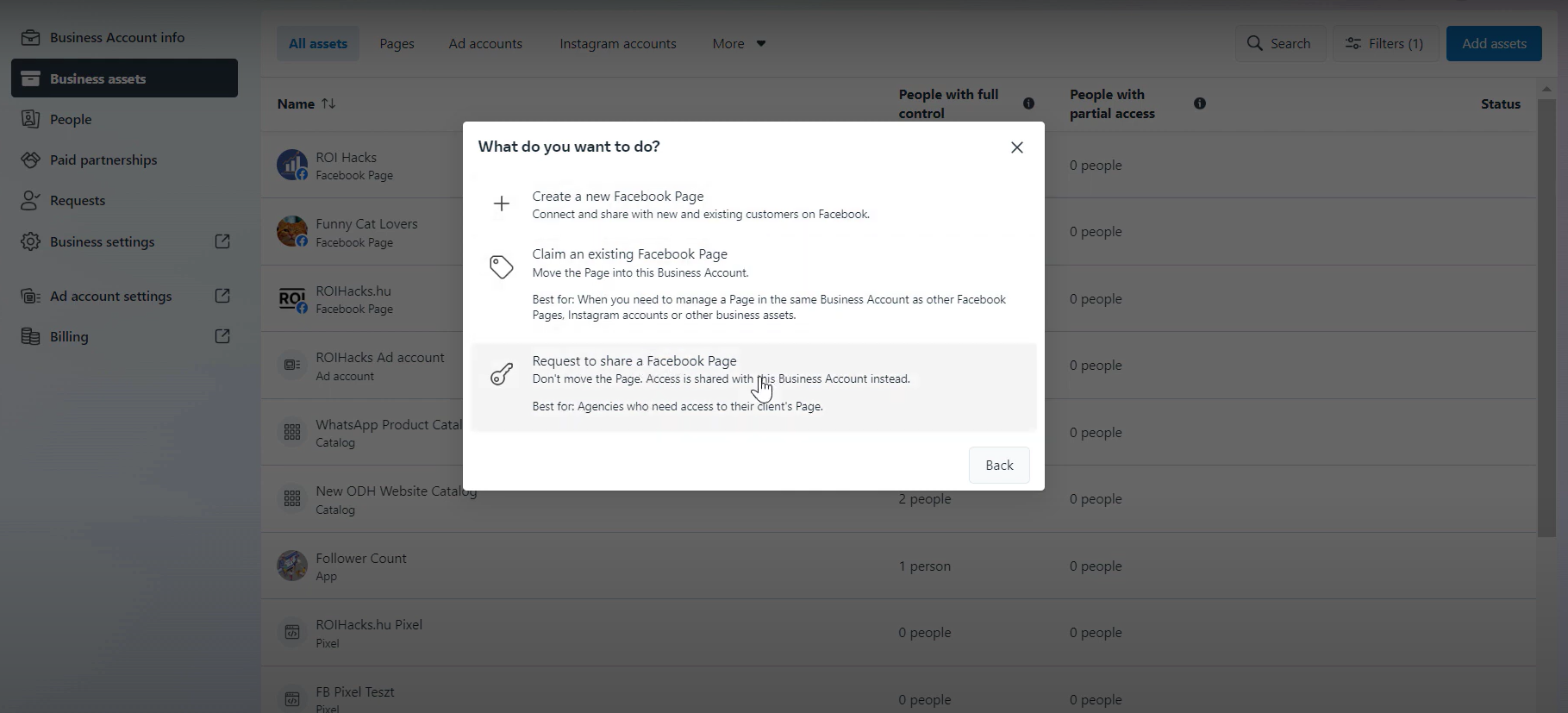 Popup menu in Meta Business Manager with options to create a new Facebook Page, claim an existing one, or request to share access for client pages.