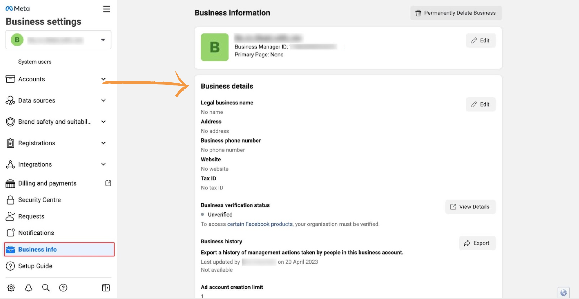 Screenshot of the Business Info section in Meta Business Manager, displaying empty business details and an unverified account status.