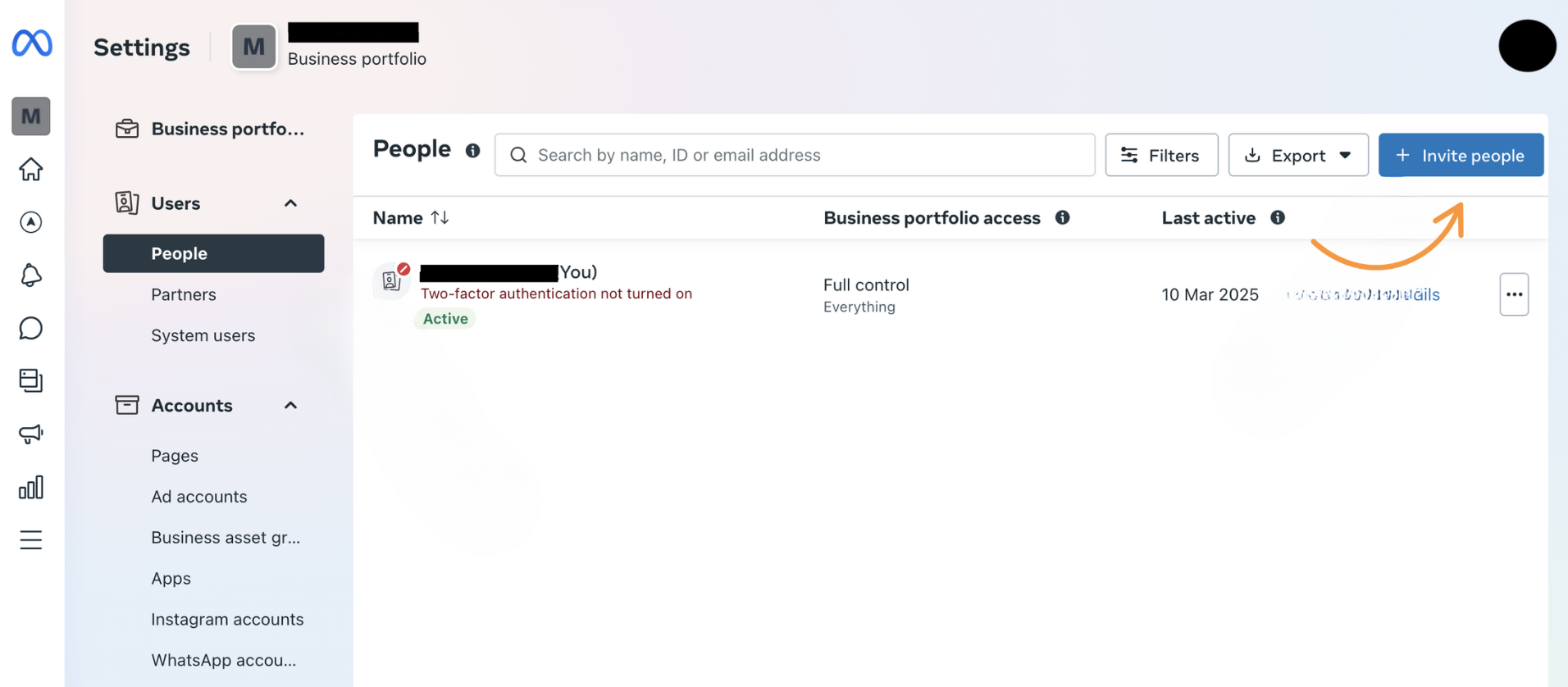 Meta Business Portfolio dashboard showing the People tab with an 'Invite people' button highlighted for adding new users and managing permissions.