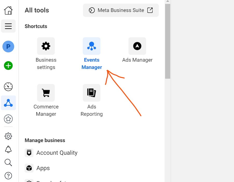 Screenshot of the Meta Business Tools interface highlighting the Events Manager option with a red arrow for user navigation.