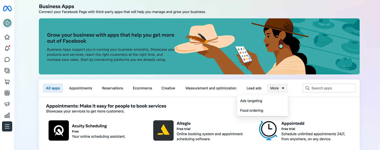 Screenshot of the Meta Business Apps dashboard highlighting app categories like appointments, reservations, ecommerce, lead ads, and more, with booking apps such as Acuity Scheduling, Altegio, and Appointedd displayed.