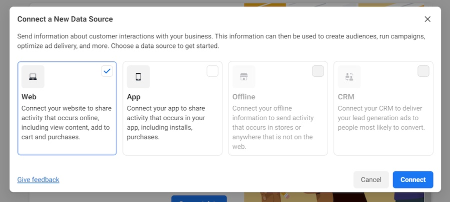 Meta Events Manager setup screen showing data source options—Web, App, Offline, and CRM—with Web option selected for sharing customer interaction data.