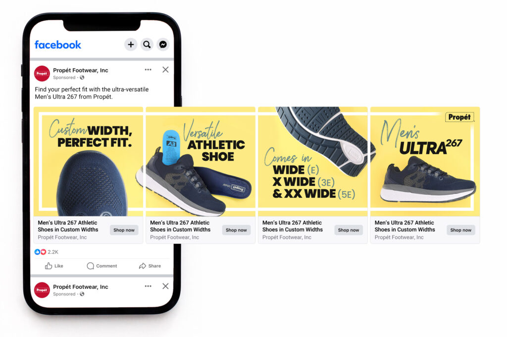 Facebook carousel ad from Propét Footwear showing different shoe styles and widths with product images and promotional text.