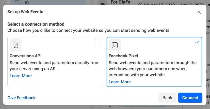 Dialog box in Meta Events Manager showing two options—Conversions API and Facebook Pixel—for connecting web events, with Facebook Pixel selected.